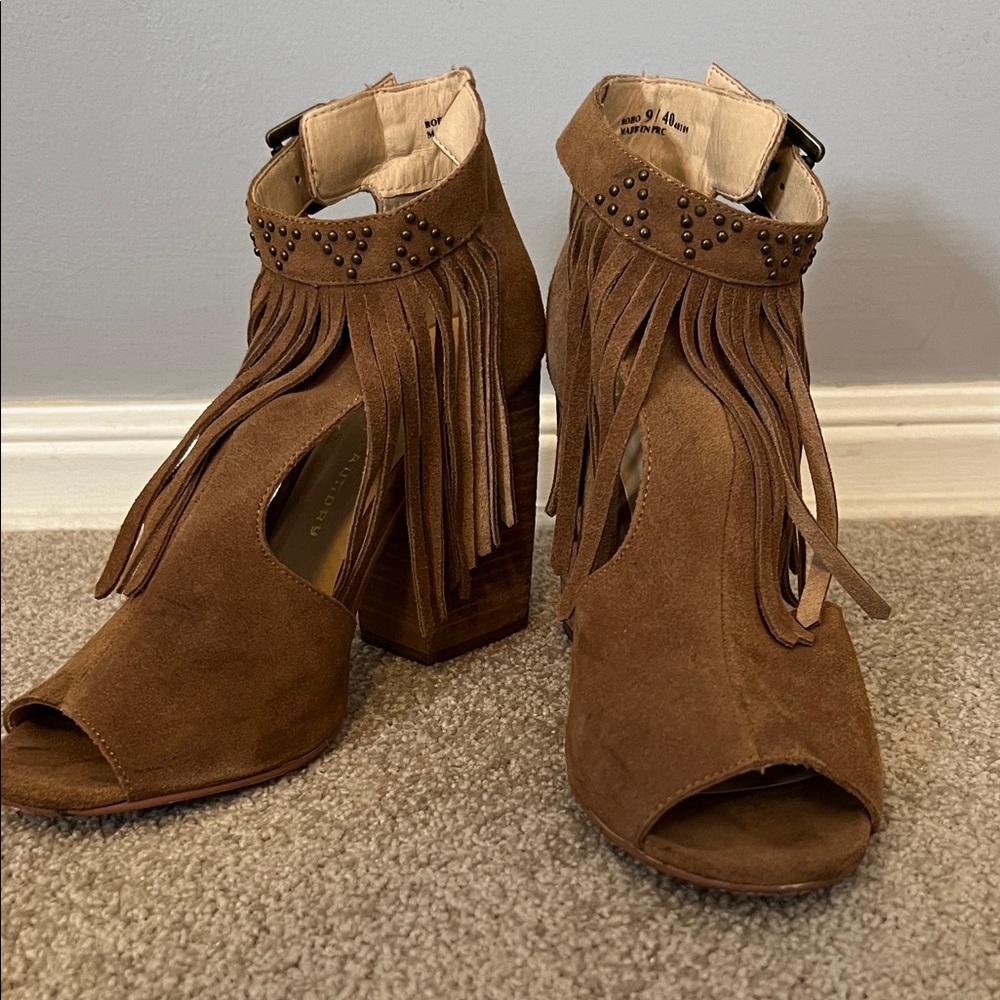 Brown Suede and Fringe Open-Toe Heeled Sandals